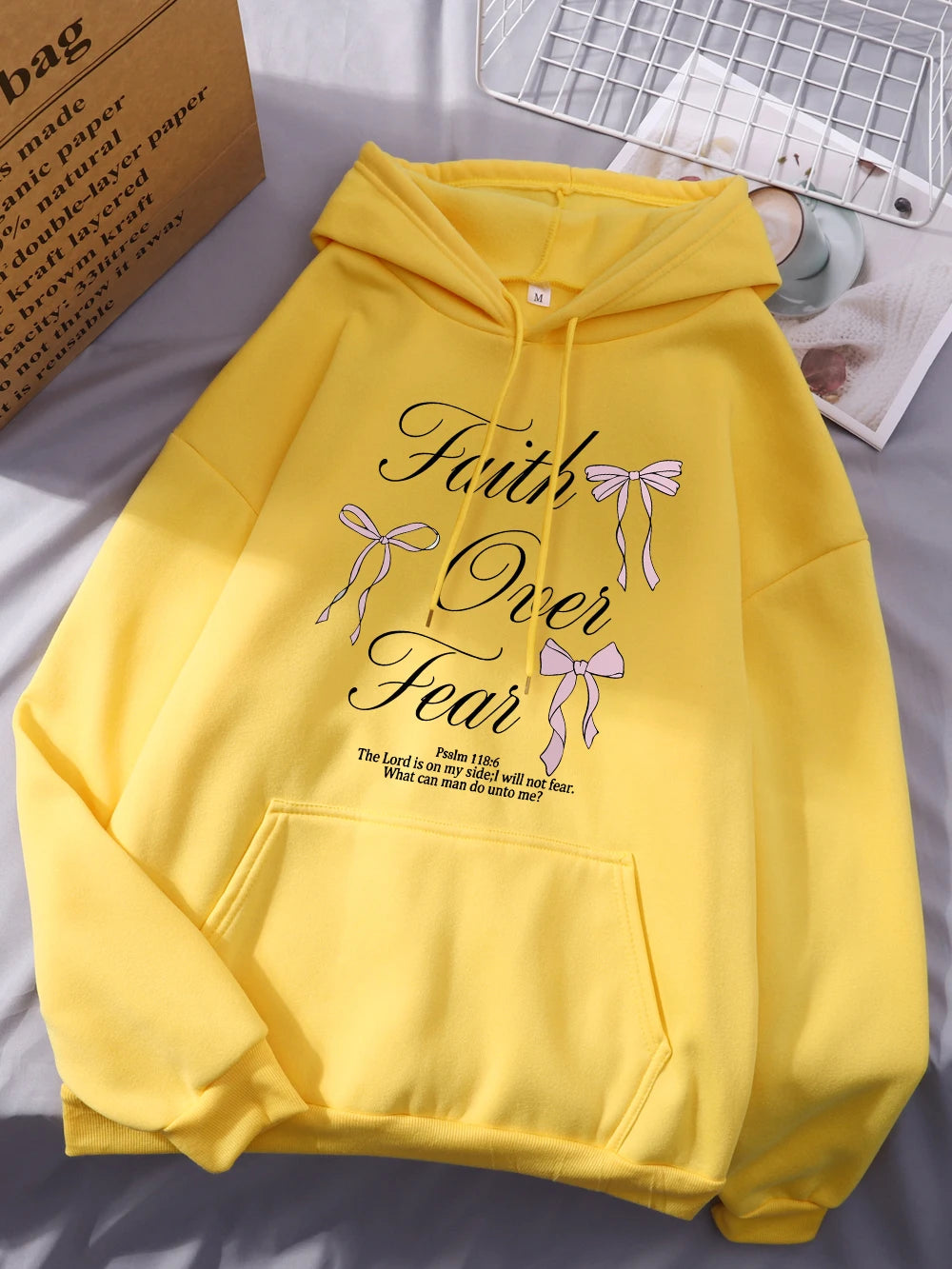 Pink Bow Faith Over Fear Printing Hoodies Women Winter Fleece Warm Hooded Fashion Pocket Tops Comfortable Loose Woman Clothes