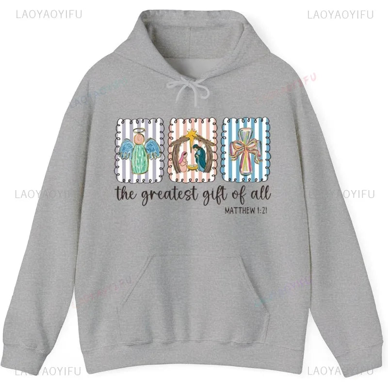 Christian Nativity Scene Faith Christmas Religious Holiday Art Decorative Sweatshirt Long Sleeve Casual Soft Comfortable Hoodie