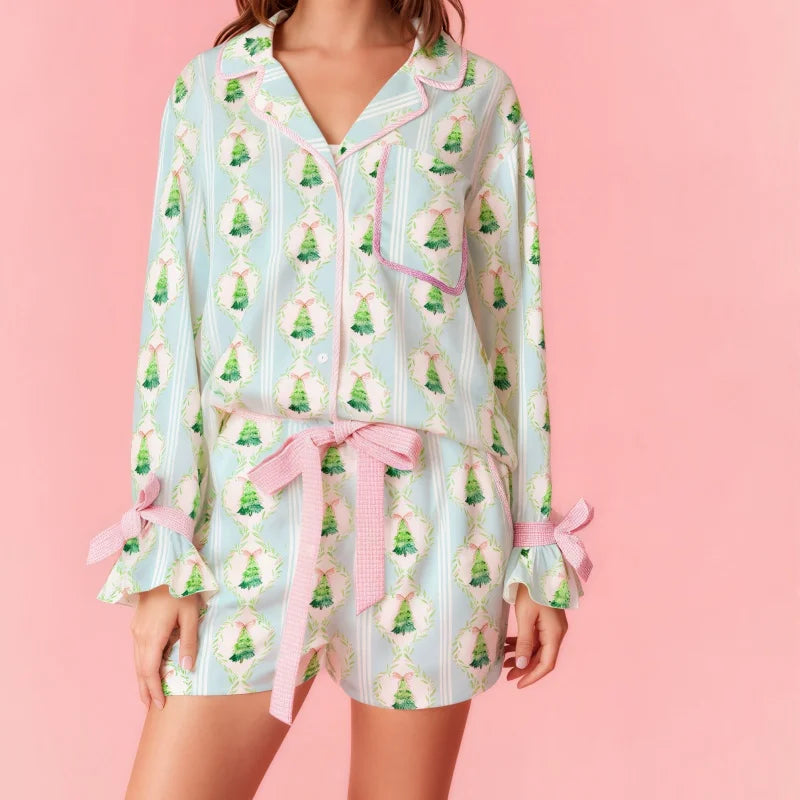 women's Pajama Set Blue Floral Tree Print 2 Piece Lapel V Neck Long Sleeve Top Pants Silk Satin Lounge Sleepwear