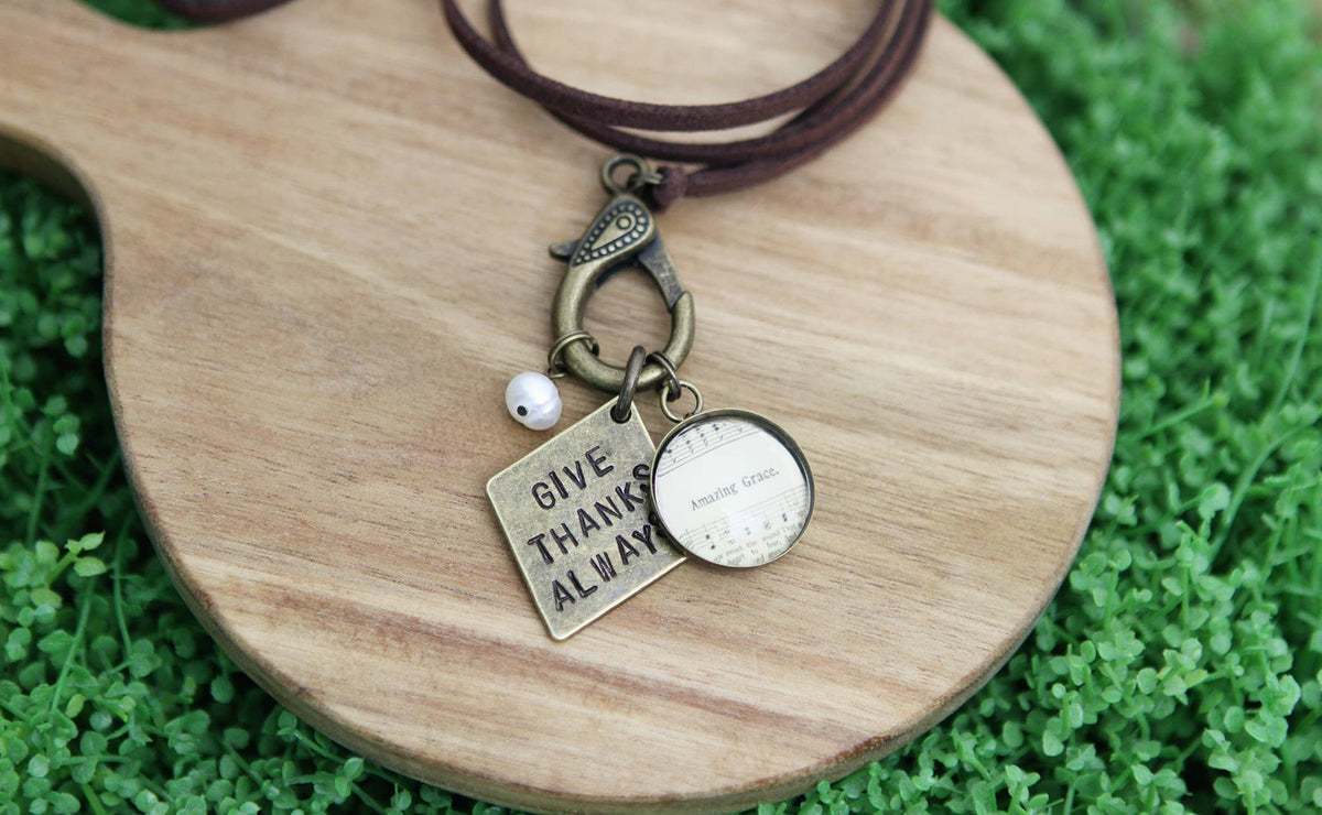 Give Thanks Always Hand Stamped Leather Charm Necklace
