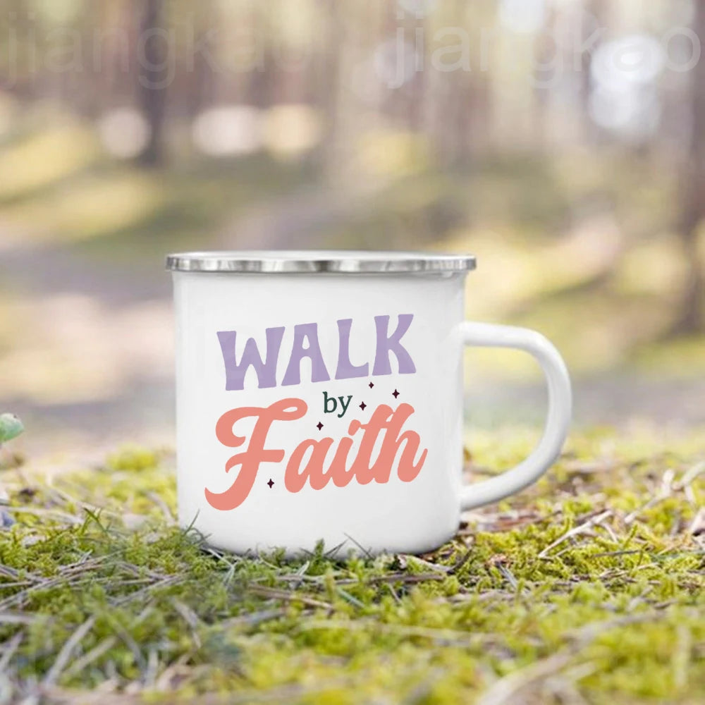 Christian Psalm Jesus God Faith Pattern Printed Mugs Coffee Cups Drinks Water Cup Enamel Camping Mug Handle Drinkware Best Gift
