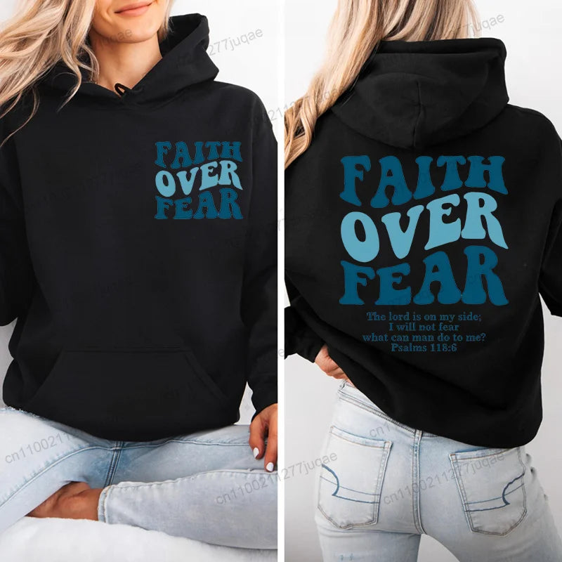 Faith Over Fear Print Sweatshirt Women Harajuku Casual Loose Hooded Bible Verse Jesus Fashion Hoodies Autumn Warm Female Clothes