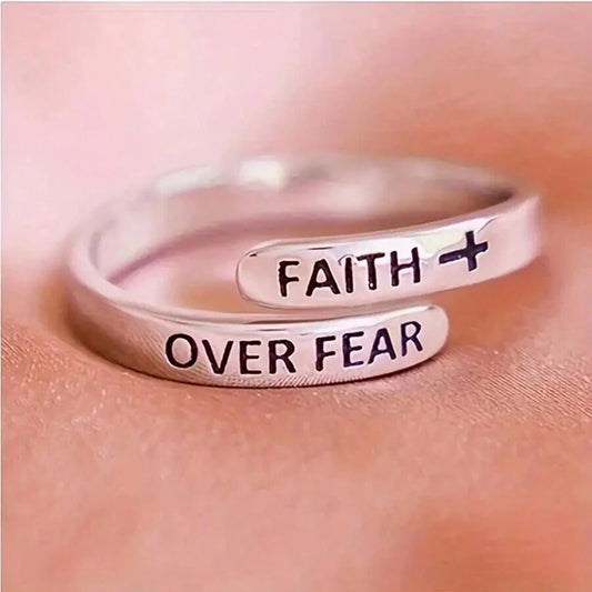 Religious Silver Color Cross Faith Over Fear Ring Adjustable Wrap Rings For Women Jewelry