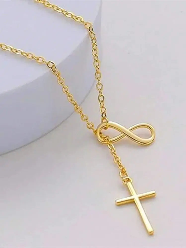DGIDDK Stainless Steel Infinite Lucky 8 Cross Pendant Y Necklace Women's Anti-Allergy, Infinite Lasso Faith Forever Necklace