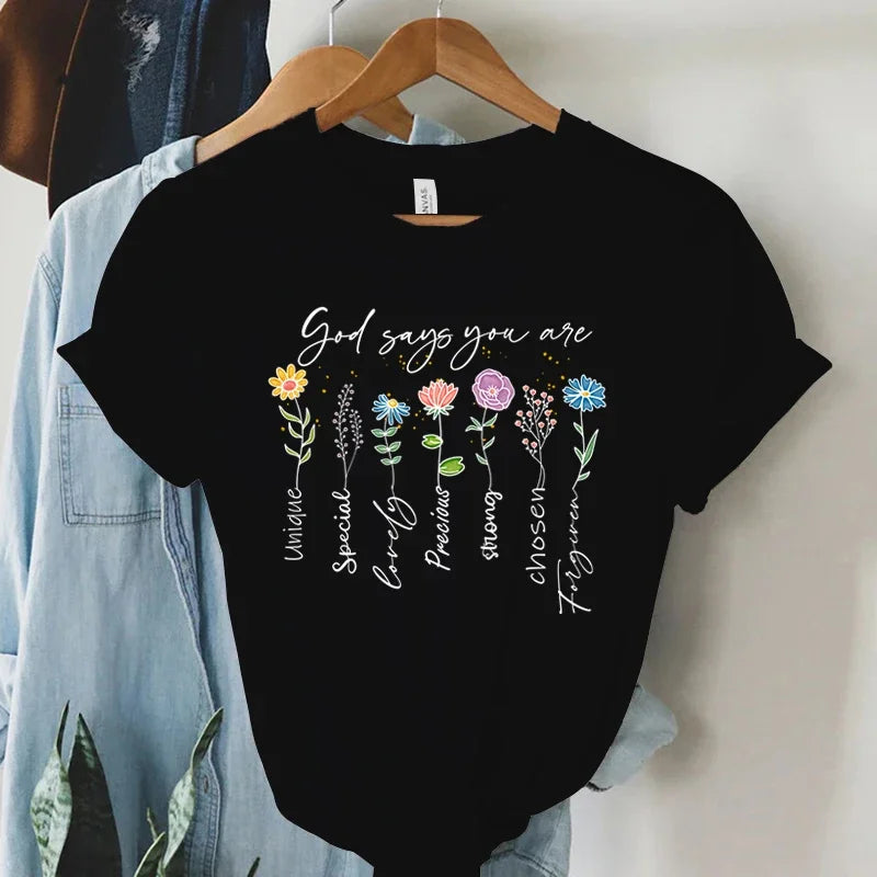 God Says You Are Unique Print T Shirt Women Gospel Music Fashion Streetwear Tops Vintage Religion Faith Christian Tees Tshirt