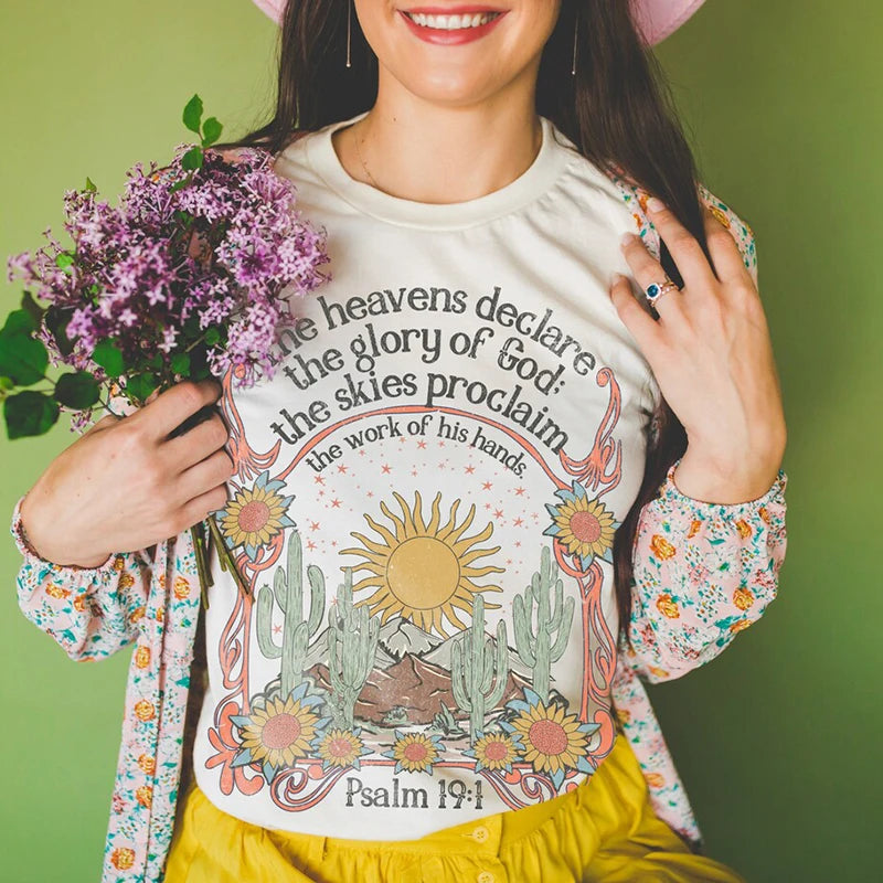 Psalm 19:1 Jesus Faith Graphic T-Shirts Christian Inspirational Tee Vintage Boho Bible Verse Tshirt Religious Clothes for Women
