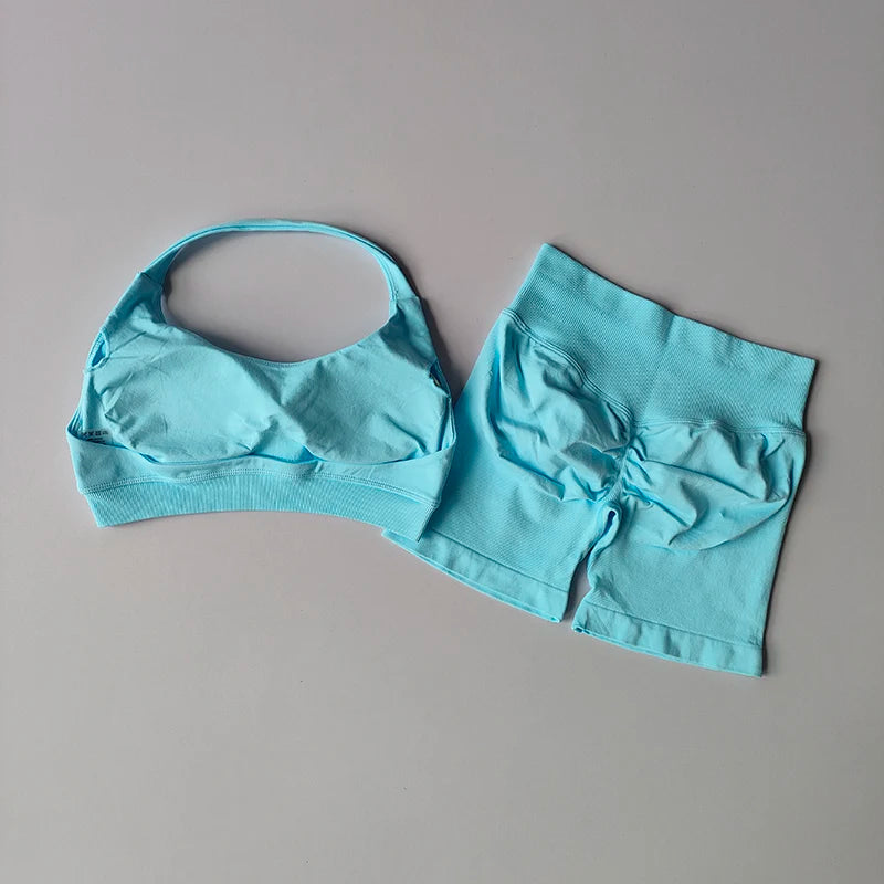 2 Pieces Yoga Suit for Women Seamless Fitness Gym Clothes Halter Sports Bra Matching Impact Shorts Workout Sets Gym Set Outfit