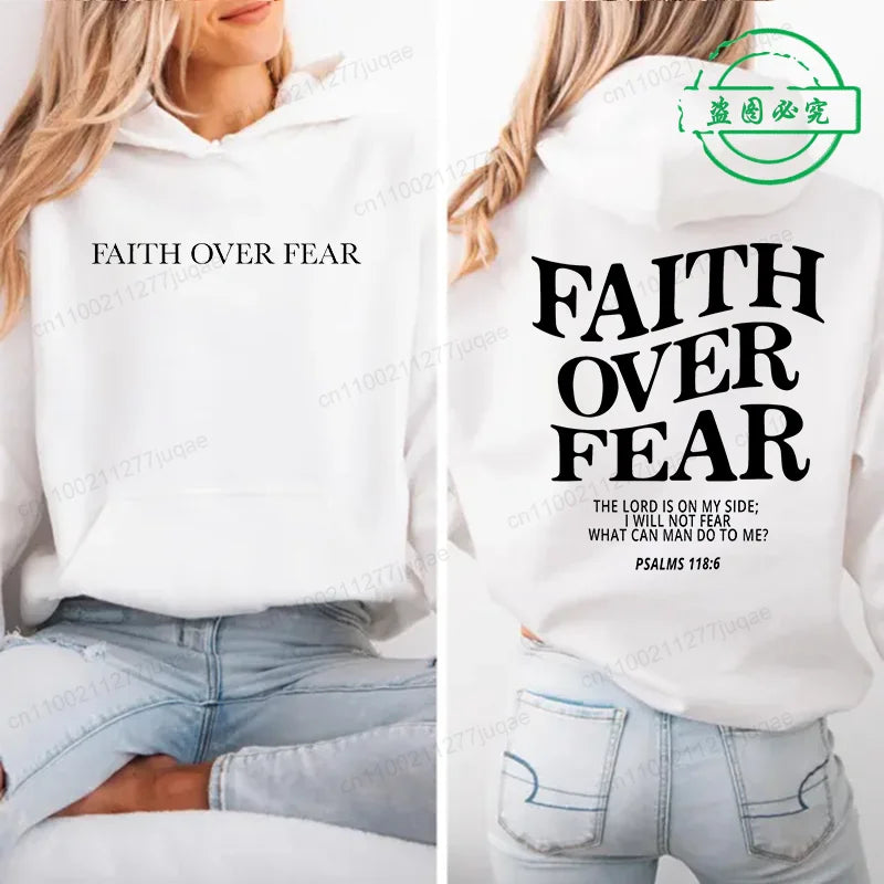 Faith Over Fear Print Sweatshirt Women Harajuku Casual Loose Hooded Bible Verse Jesus Fashion Hoodies Autumn Warm Female Clothes