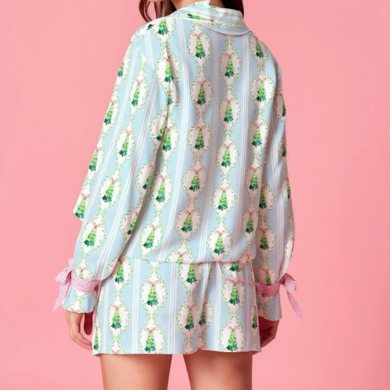 women's Pajama Set Blue Floral Tree Print 2 Piece Lapel V Neck Long Sleeve Top Pants Silk Satin Lounge Sleepwear