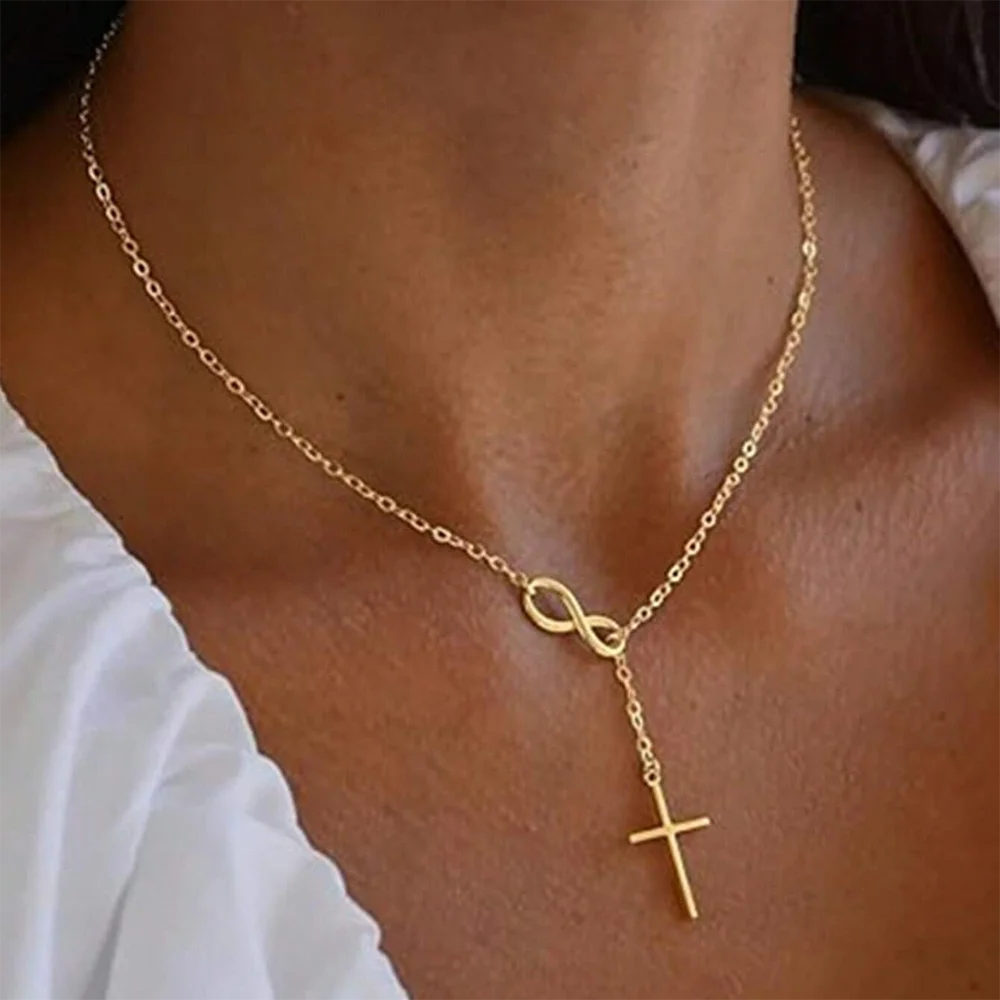 DGIDDK Stainless Steel Infinite Lucky 8 Cross Pendant Y Necklace Women's Anti-Allergy, Infinite Lasso Faith Forever Necklace