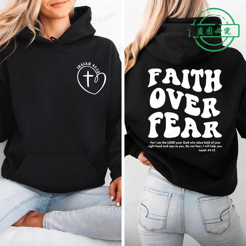 Faith Over Fear Print Sweatshirt Women Harajuku Casual Loose Hooded Bible Verse Jesus Fashion Hoodies Autumn Warm Female Clothes
