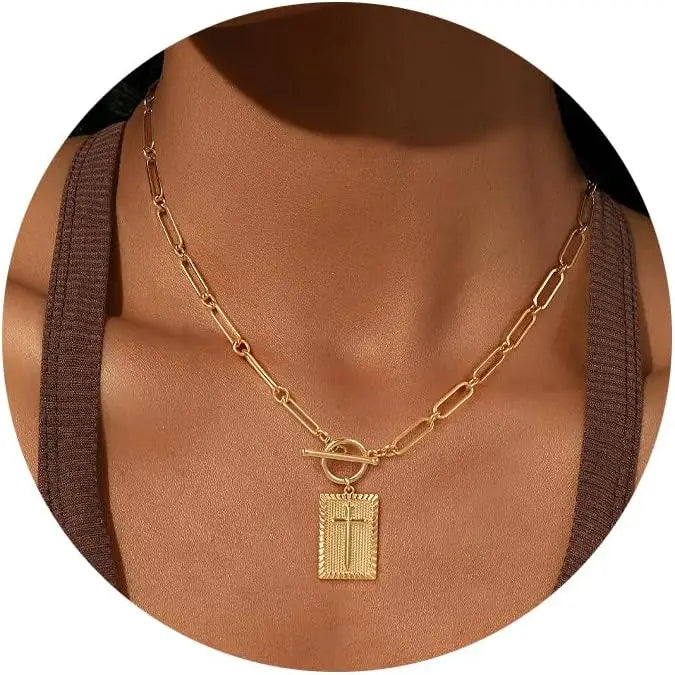 Women 14K Gold Cross Pendant Necklace Toggle Clasp Rectangle Necklace Paperclip Chain Religious Jewelry Gift for Christian Faith