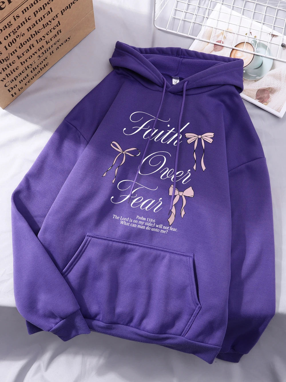 Pink Bow Faith Over Fear Printing Hoodies Women Winter Fleece Warm Hooded Fashion Pocket Tops Comfortable Loose Woman Clothes