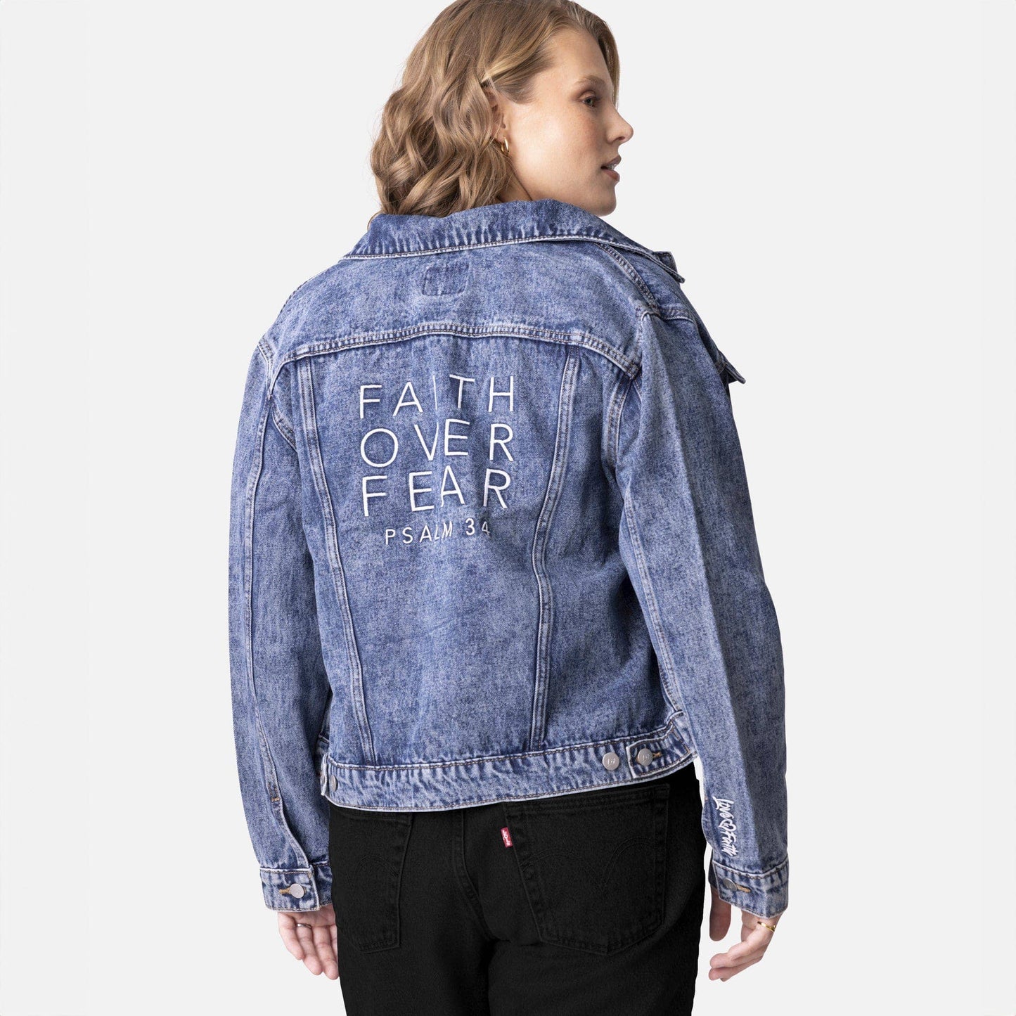 Vintage Washed Faith Over Fear Denim Jacket
