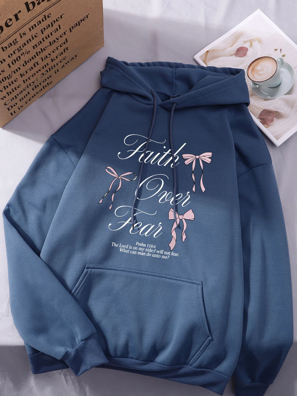 Pink Bow Faith Over Fear Printing Hoodies Women Winter Fleece Warm Hooded Fashion Pocket Tops Comfortable Loose Woman Clothes
