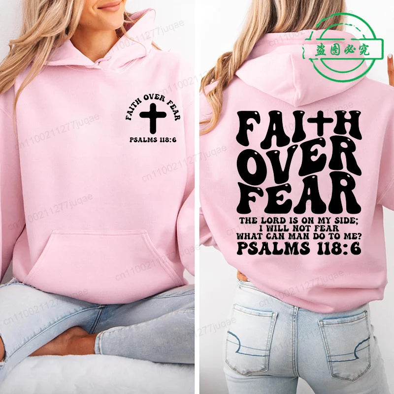 Faith Over Fear Print Sweatshirt Women Harajuku Casual Loose Hooded Bible Verse Jesus Fashion Hoodies Autumn Warm Female Clothes