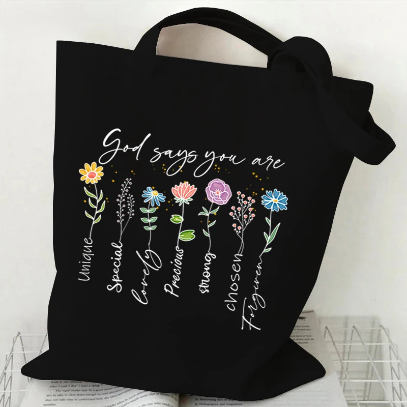 God Says You Are Christian Bible Verse Print Shoulder Bag Wildflower Design Tote Bags Women Religious Faith Canvas Shopping Bag