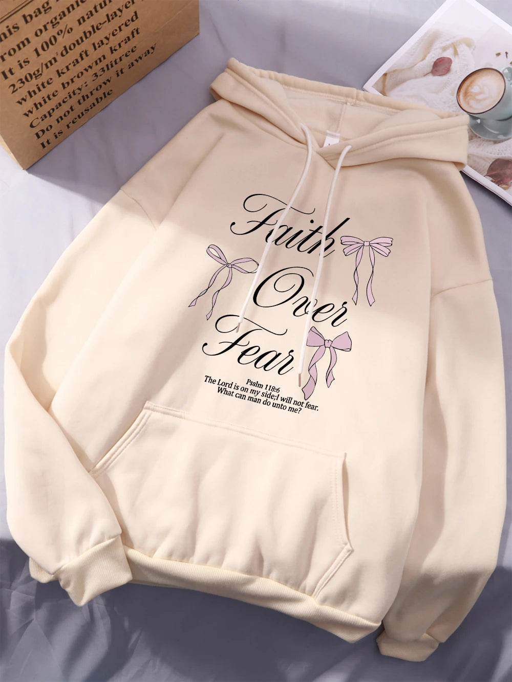 Pink Bow Faith Over Fear Printing Hoodies Women Winter Fleece Warm Hooded Fashion Pocket Tops Comfortable Loose Woman Clothes