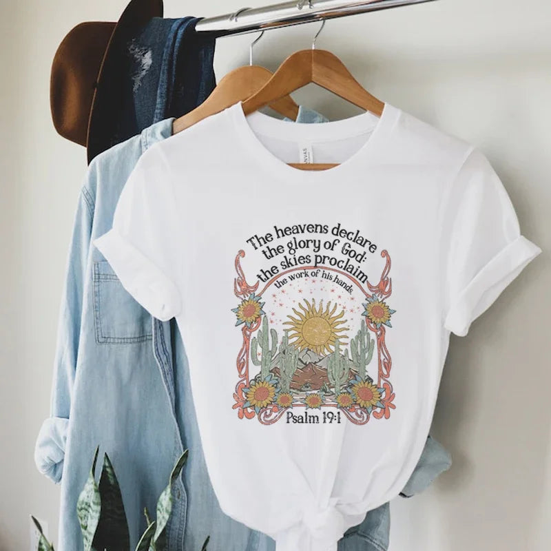 Psalm 19:1 Jesus Faith Graphic T-Shirts Christian Inspirational Tee Vintage Boho Bible Verse Tshirt Religious Clothes for Women