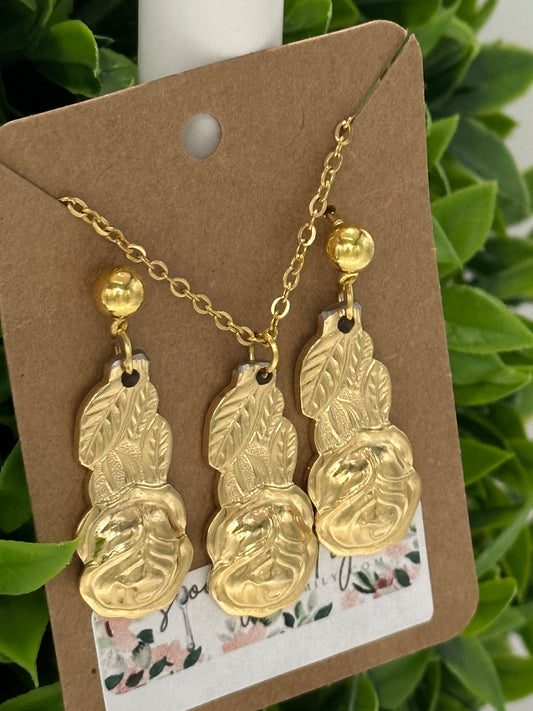 Gold Rose Necklace and Earring Set