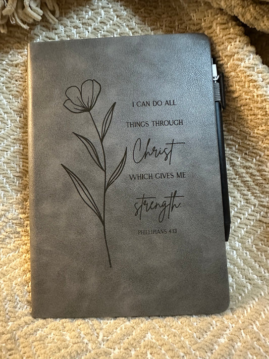 Engraved Leather Christian Journal: Philippians 4:13 (Soft Grey)