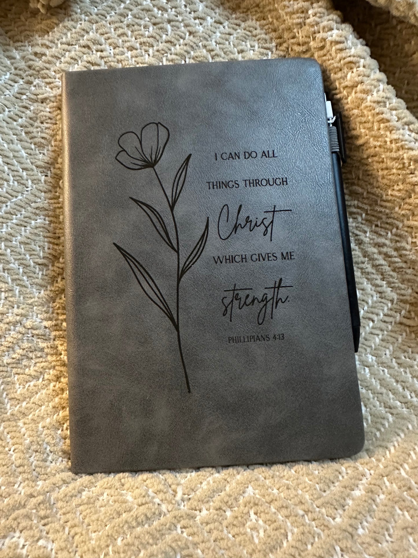 Engraved Leather Christian Journal: Philippians 4:13 (Soft Grey)