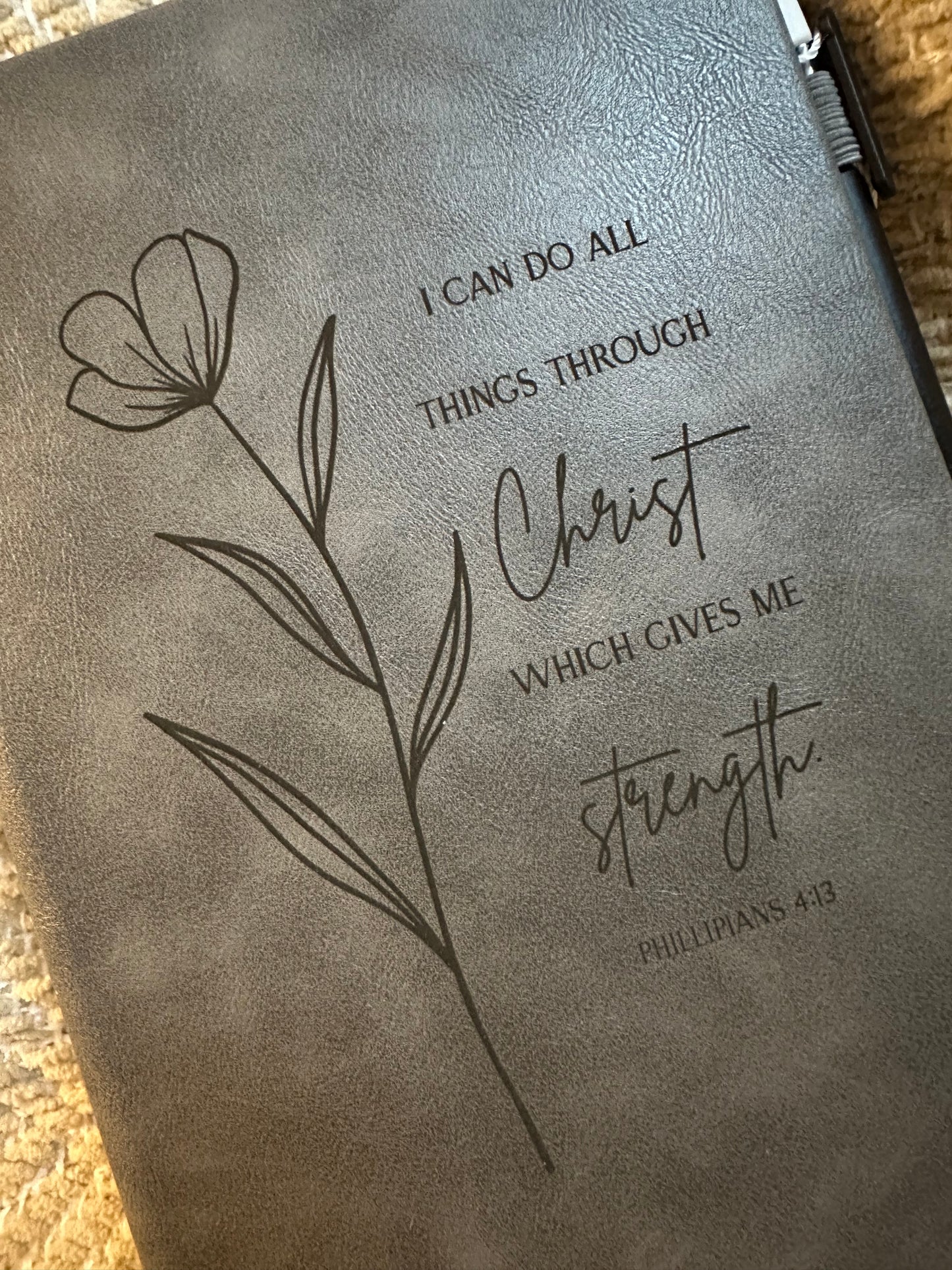 Engraved Leather Christian Journal: Philippians 4:13 (Soft Grey)