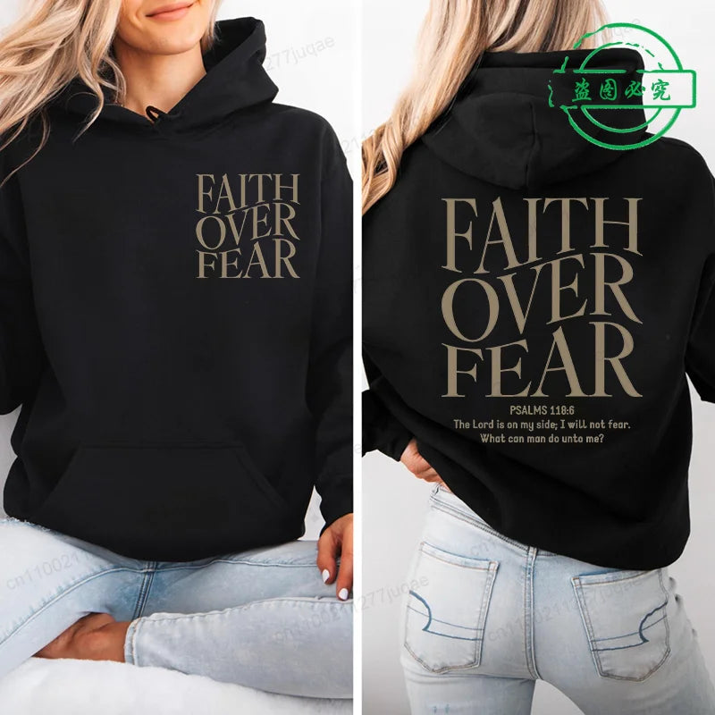 Faith Over Fear Print Sweatshirt Women Harajuku Casual Loose Hooded Bible Verse Jesus Fashion Hoodies Autumn Warm Female Clothes