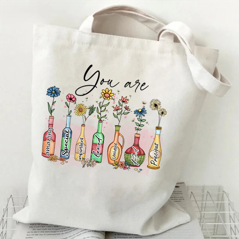 God Says You Are Christian Bible Verse Print Shoulder Bag Wildflower Design Tote Bags Women Religious Faith Canvas Shopping Bag
