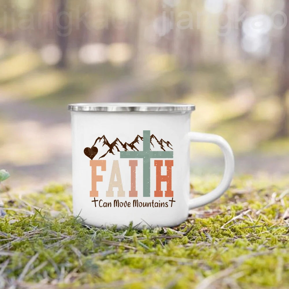 Christian Psalm Jesus God Faith Pattern Printed Mugs Coffee Cups Drinks Water Cup Enamel Camping Mug Handle Drinkware Best Gift