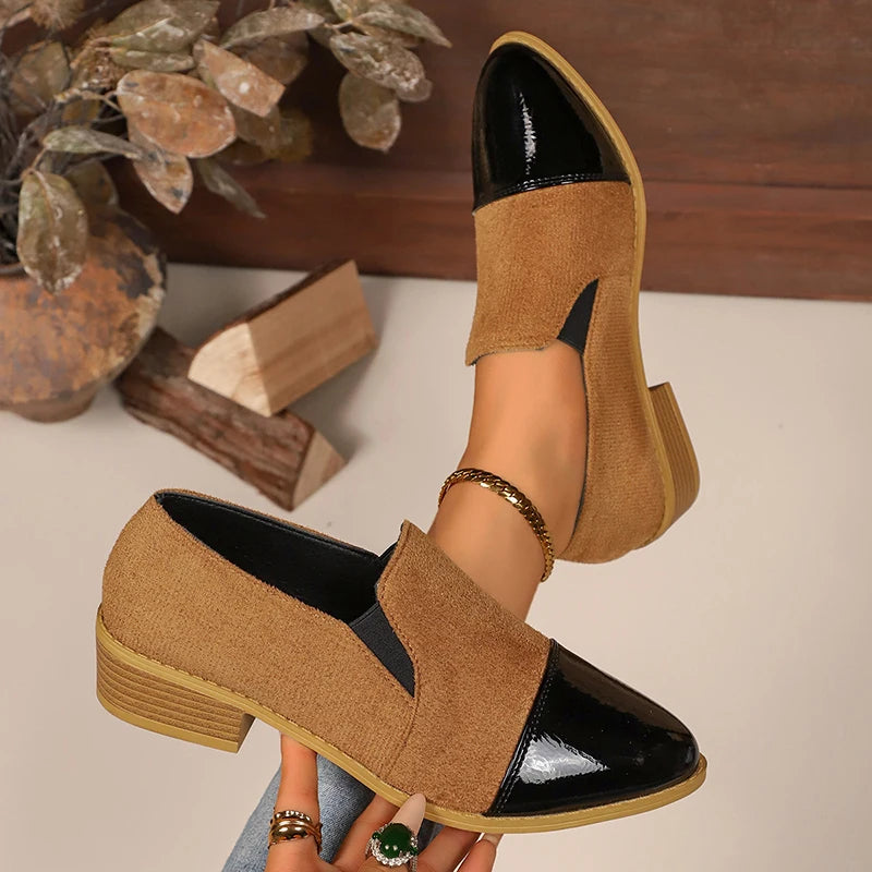 Leopard Printed Women's Low Heel Pumps Fashion Patent Leather Patchwork Dress Shoes for Women Comfy Pointed Toe Slip On Loafers