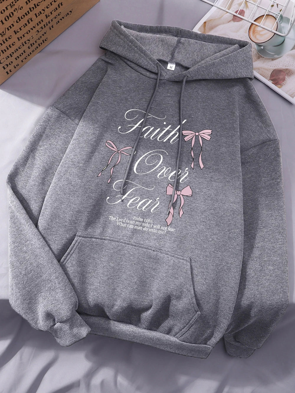 Pink Bow Faith Over Fear Printing Hoodies Women Winter Fleece Warm Hooded Fashion Pocket Tops Comfortable Loose Woman Clothes