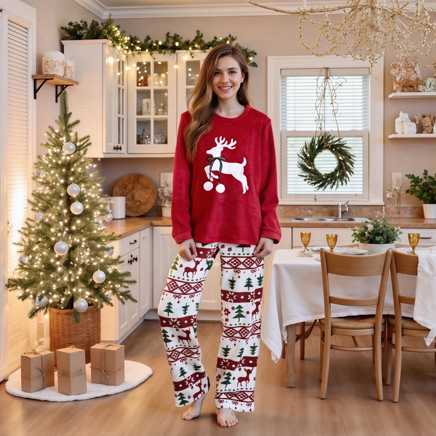 Women's 2 Piece Lounge Set Long Sleeve O Neck Elk Embroidery Tops Plush Pants Winter Warm Feece Christmas Sleepwear