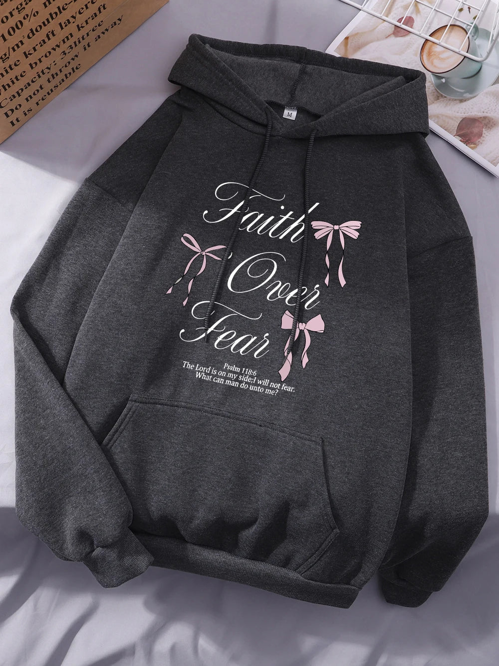 Pink Bow Faith Over Fear Printing Hoodies Women Winter Fleece Warm Hooded Fashion Pocket Tops Comfortable Loose Woman Clothes