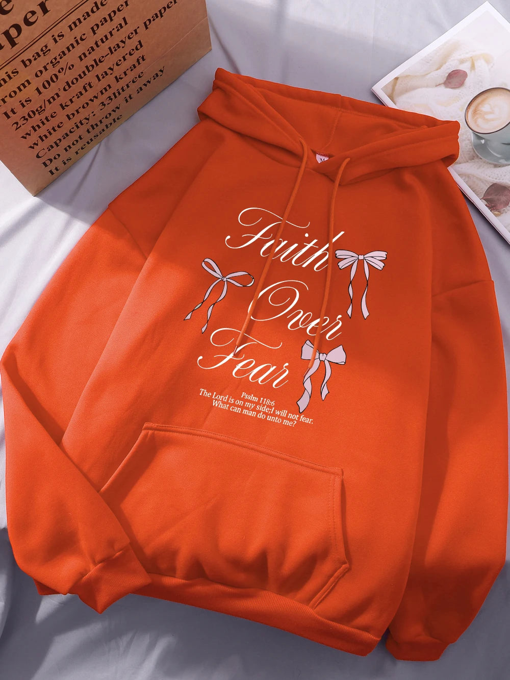 Pink Bow Faith Over Fear Printing Hoodies Women Winter Fleece Warm Hooded Fashion Pocket Tops Comfortable Loose Woman Clothes