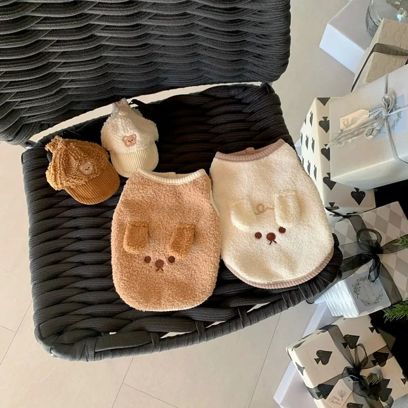 3D Ear Puppy Embroidery Vest Dog Winter Clothes Teddy Cartoon Velvet Pet Warm Sleeveless Clothes Dog Stuff