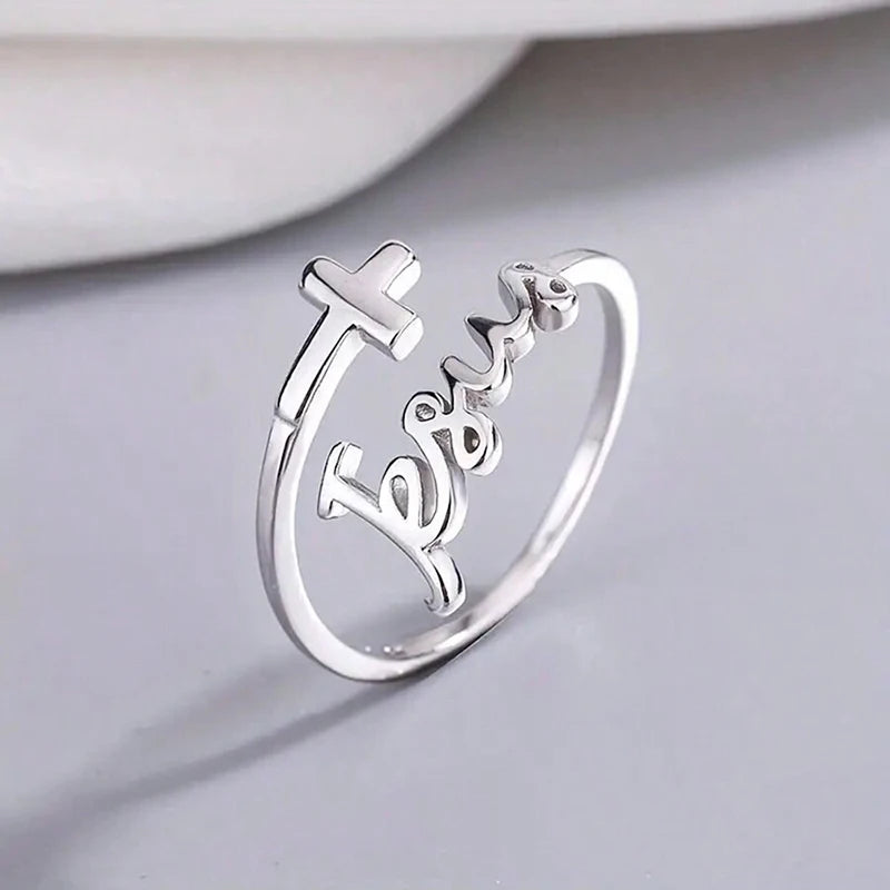 Adjustable Silver Plated Cross Jesus Ring For Women Christian Faith Prayer Rings Jewelry Christmas Gifts
