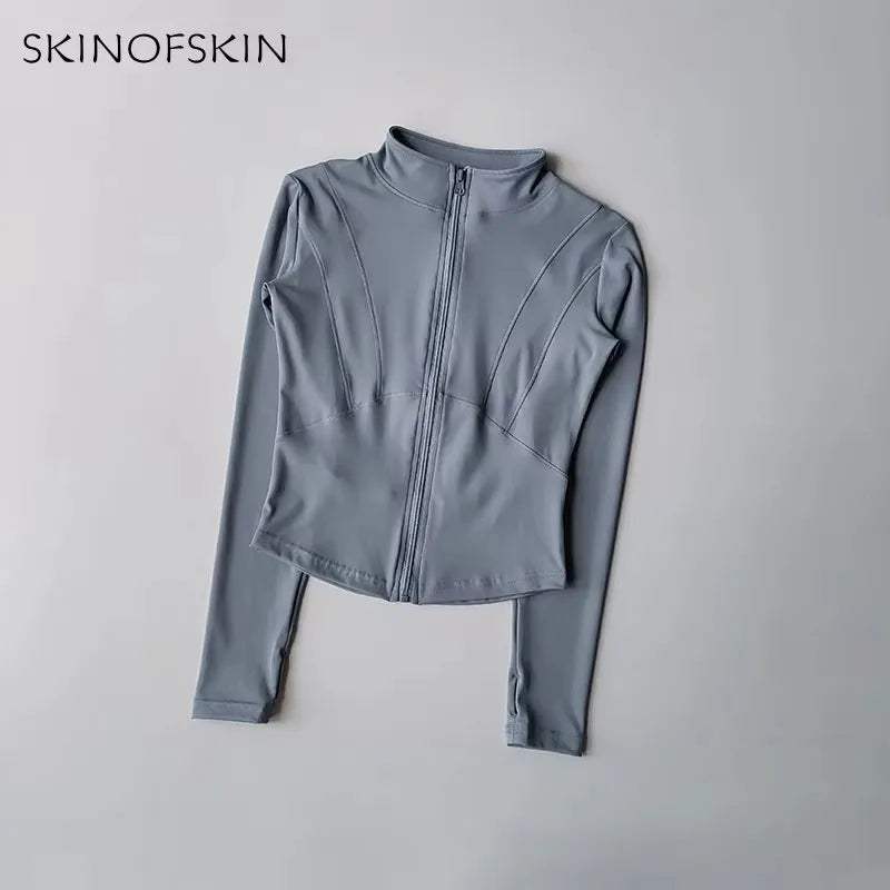 Outdoor Sports Long Sleeved Women Slim Yoga Clothes Quick Dry Zipper Cardigan Stand Up Collar Jacket Running Fitness Jacket Top
