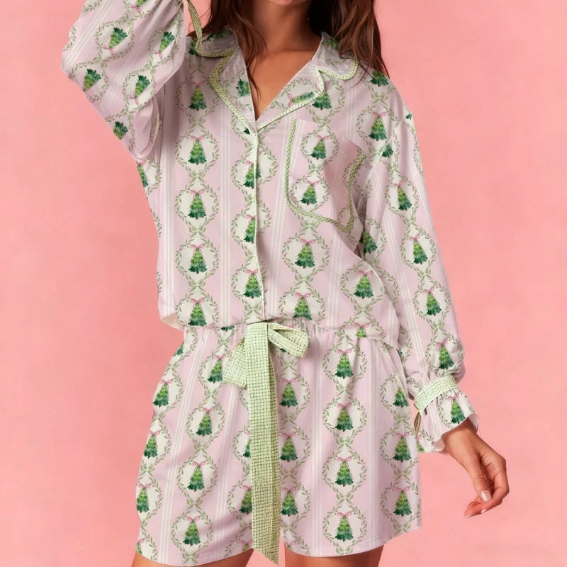 women's Pajama Set Blue Floral Tree Print 2 Piece Lapel V Neck Long Sleeve Top Pants Silk Satin Lounge Sleepwear