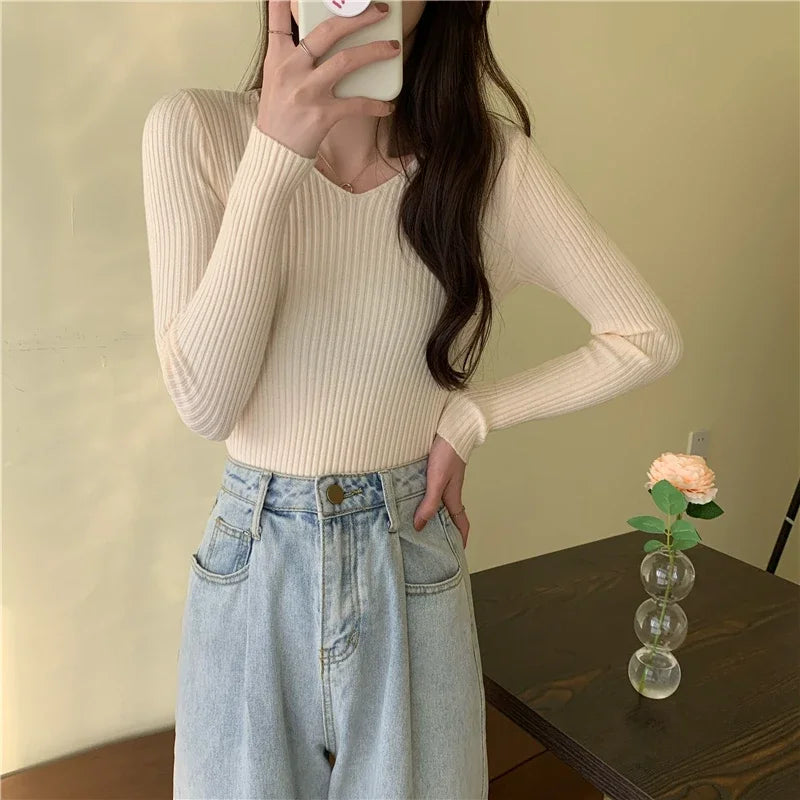 Casual Long Sleeve Knitted Pullover 2025 Autumn Winter Women Sweaters Femme Basic Solid Jersey Tops Fashion Clothes