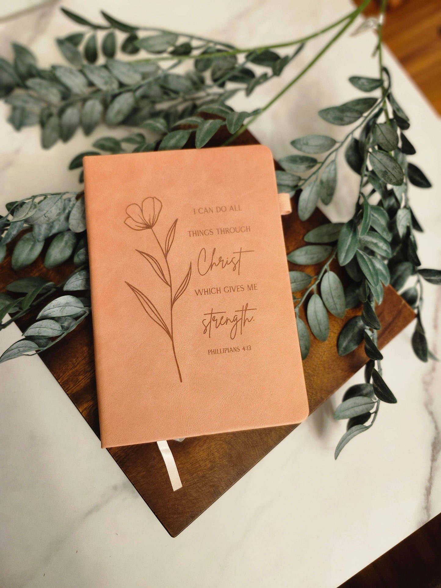 Engraved Leather Christian Journal: Philippians 4:13 (Soft Grey)