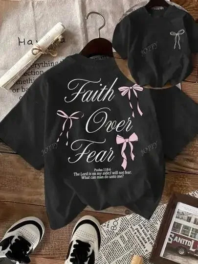 Casual O-Neck Clothes Hip Hop Short Sleeve Bow Faith Fear Printed Women Shirts All-Match T-Shirt