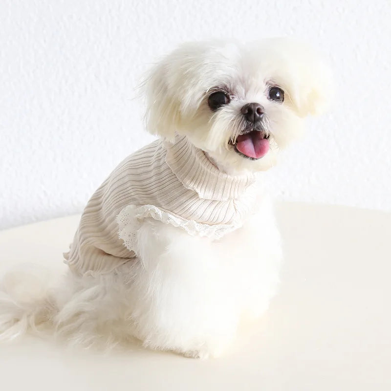 Princess Inside Suit Clothes For Dog Girl Female Knit Lace Pet High Neck Pullover York Chihuahua Pet Striped Sweater Coat Stuff