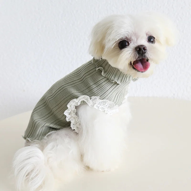 Princess Inside Suit Clothes For Dog Girl Female Knit Lace Pet High Neck Pullover York Chihuahua Pet Striped Sweater Coat Stuff