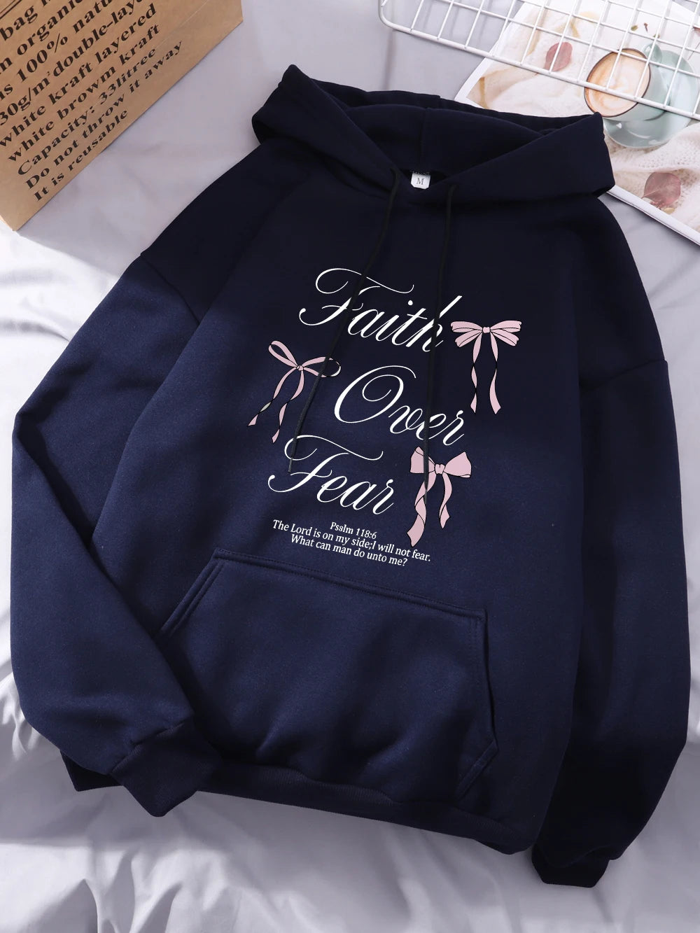 Pink Bow Faith Over Fear Printing Hoodies Women Winter Fleece Warm Hooded Fashion Pocket Tops Comfortable Loose Woman Clothes