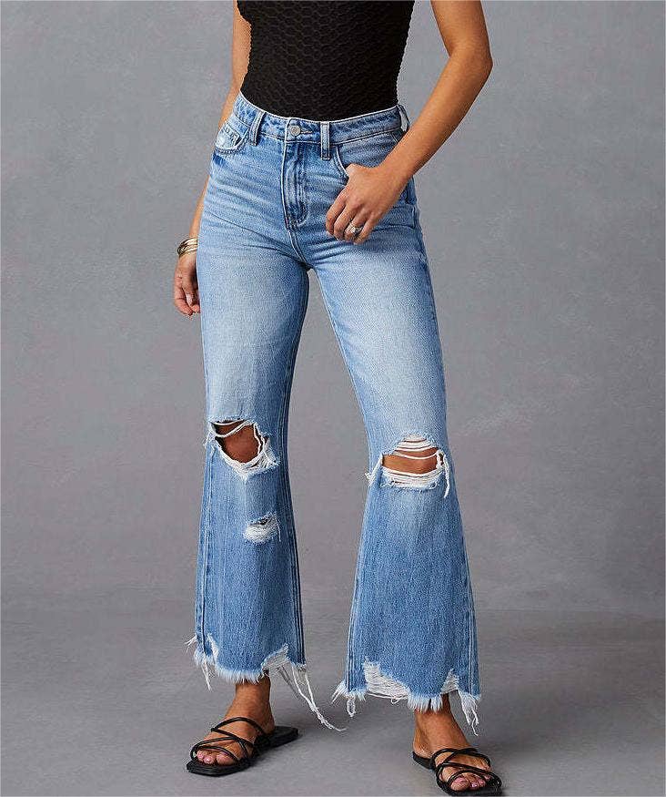 Wide-leg ripped cropped fringed jeans