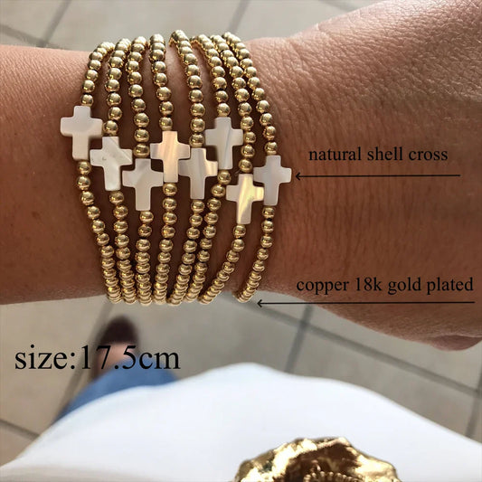 Vlen Christian Cross Bracelet 18K Gold Plated Stackable Beads Jewelry for Women Religious Gift for Dainty Faith Pulseras Mujer