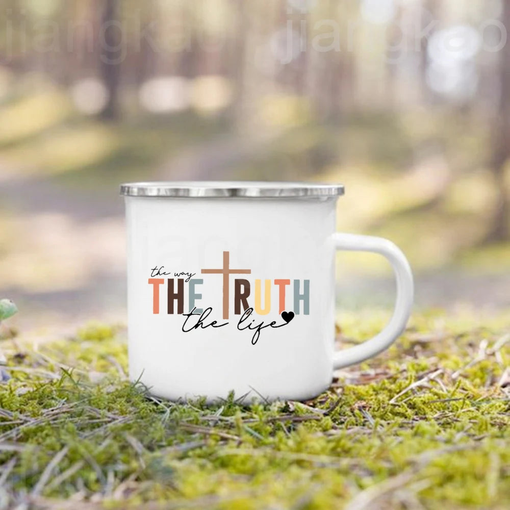 Christian Psalm Jesus God Faith Pattern Printed Mugs Coffee Cups Drinks Water Cup Enamel Camping Mug Handle Drinkware Best Gift