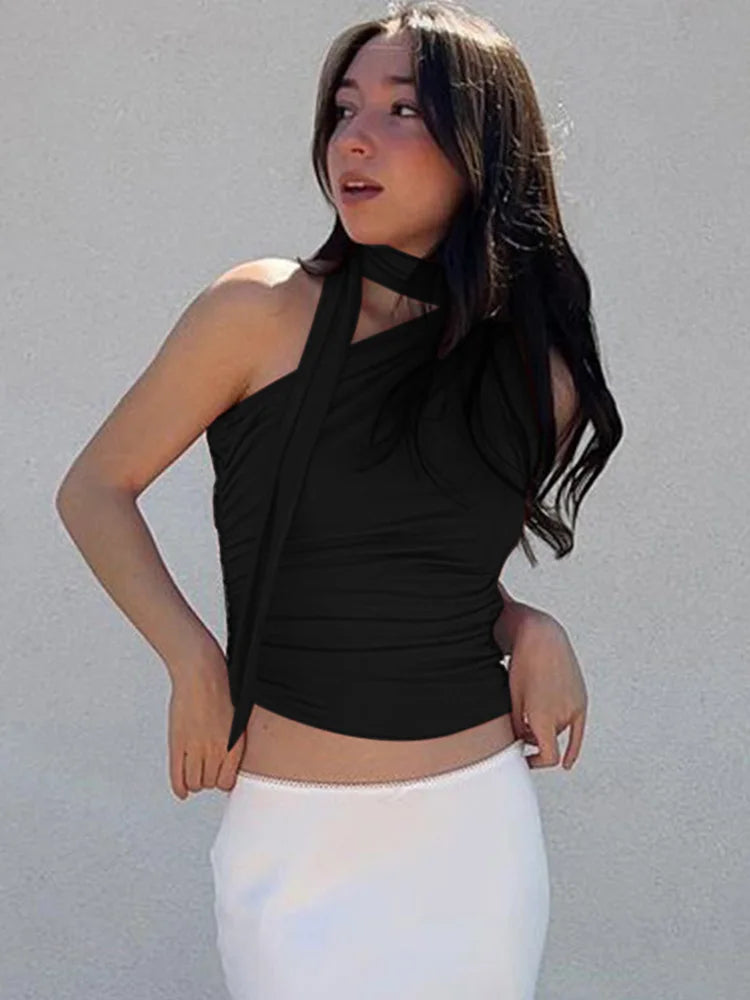 Backless Sexy Off Shoulder Halter Tank Tops Women Vintage Sleeveless Crop Top Y2K Clothes Club Female Casual Summer