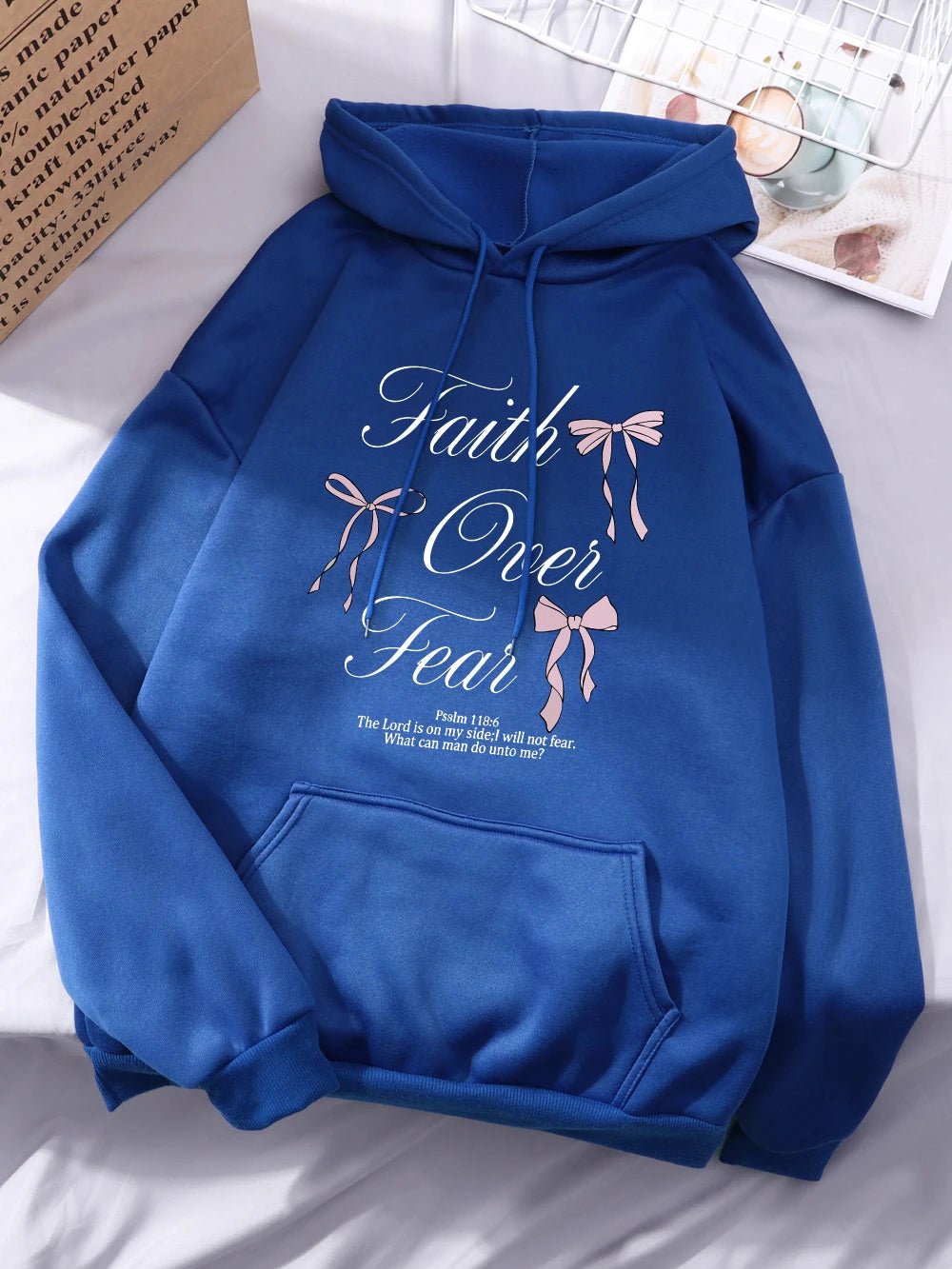 Pink Bow Faith Over Fear Printing Hoodies Women Winter Fleece Warm Hooded Fashion Pocket Tops Comfortable Loose Woman Clothes